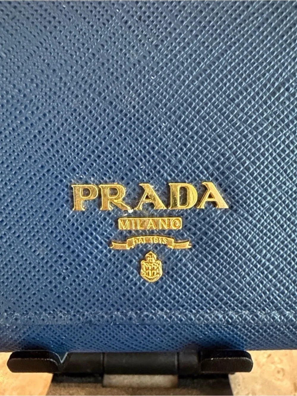Prada Navy Saffiano Leather Continental Wallet with Gold Logo and COA